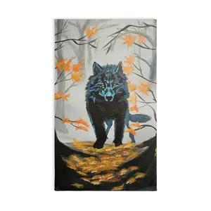 Blue-Eyed Black Wolf Hand Towel | Autumn Leaves Forest Print