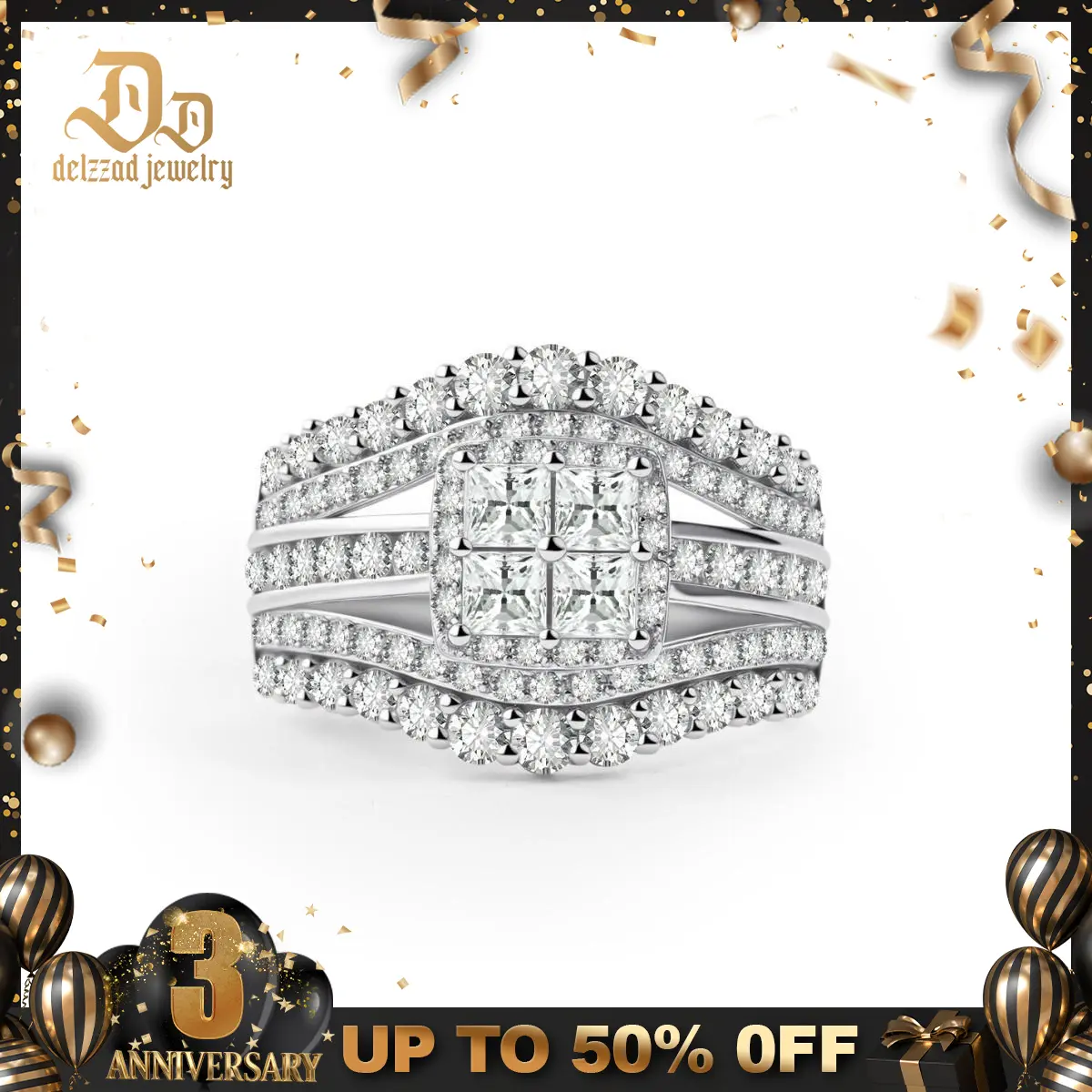 Delzzad 14K Gold-Plated 3.2ct Quad Princess Halo Ring Grand Symphony Bridal Wedding Engagement Ring Band Princess Cut VVS Synthetic Moissanite Ring Jewelry Perfect Birthday Engagement Wedding Anniversary Christmas Valentine's Day Gift