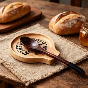 1pc "Life is Short Lick the Spoon" Circular Print Wooden Spoon Rest, Natural Wood Kitchen Utensil Holder for Ladles, Spoons & Cooking Tools, Funny Rustic Countertop & Stovetop Organizer, Perfect Gift for Home Bakers & Cooking Lovers