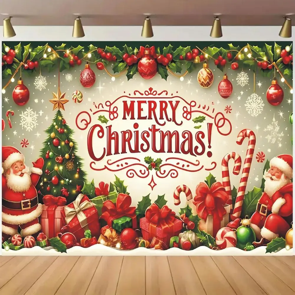 Vinyl Banner Christmas Backdrop - Multi-Size (5x3ft/5x7ft) Indoor Decor with Santa Scene, Tree, Gifts, Lights, Includes Santa for Family Dinners, Birthday, Ceremony, Holiday Photoshoots & Home Use