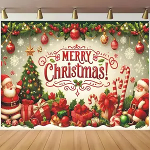 Festive Christmas Backdrop 5x3ft/5x7ft Vinyl Banner with Santa Tree Gifts & Lights Perfect for Holiday Parties Family Dinners Photoshoots Christmas Decorations