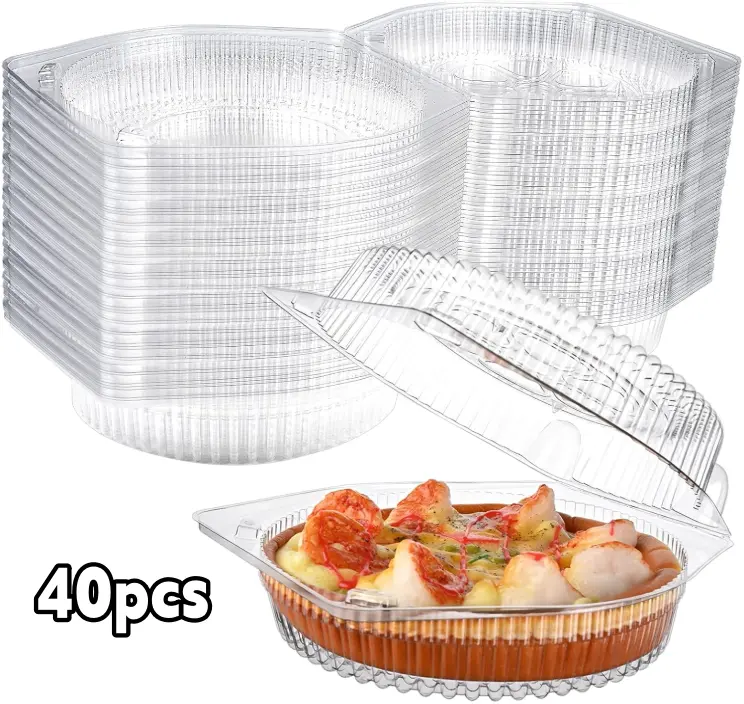40 Pcs Transparent Plastic Circular Disposable Bakeware Pans - 6-in Round Hinged Lid Clam Shell Holders, Suitable for Donuts, Takeout Food
