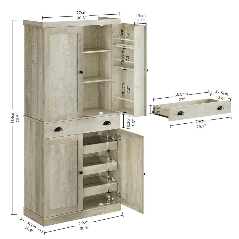 【2 Packages Shipping】IRONCK Kitchen Pantry Cabinet 72" Height, Freestanding Cupboard with Drawer, Sliding Storage Rack, and 6 Hanging Shelves for Dining Room, Laundry, Rustic Maple