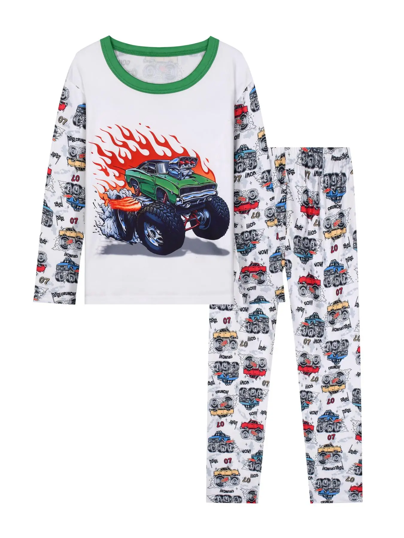 Boys 2-Piece Set with Flame Monster Truck Print, Long Sleeve Top and Pants Sleepwear for Autumn, Cozy Home Pajamas for Kids
