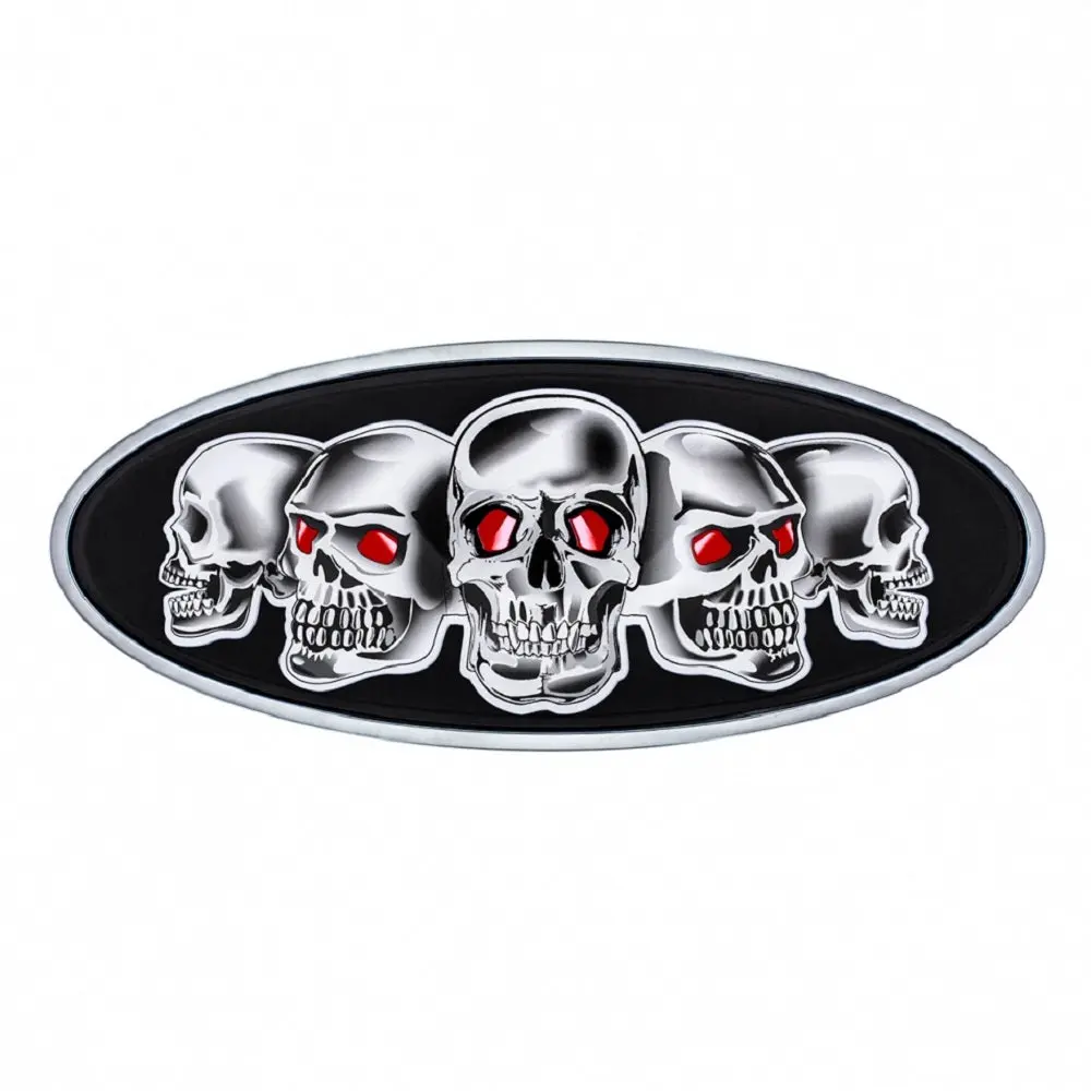Peterbilt Truck Black Base Skull Chrome Diecast Metal Front Hood Emblem, 7 7/8in x 3 1/4in Oval Shape, Double-Sided, Mountable (for Diecast Model Cars)