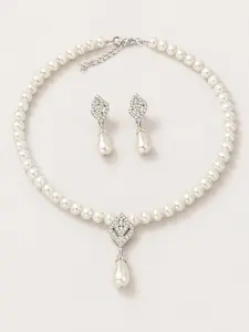 Ivory Faux Pearl Necklace and Dangle Earrings Set for Women, Silver Tone Rhinestone Teardrop Pendant Jewelry for Wedding Bridal Bridesmaid Prom