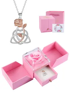 Keltic Triangle Knot Necklace Heart Rose Pendant Lucky Irish Jewelry Women Gift with Box, Elegant Copper Chain, All Seasons