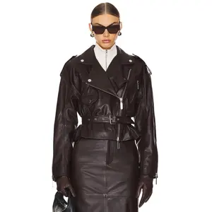 Camila Coelho Ambrosia Leather Moto Jacket in Espresso Brown