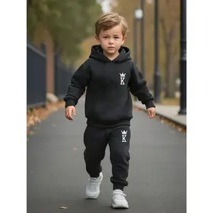 A Set of 2pcs for Boys Featuring a King Logo Print Hoodie And Pants, Suitable for Wearing in Autumn And Winter, for Outdoor