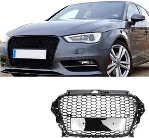 Front Grill Compatible with Audi A3/S3 Upgrade to RS3 Style (2013–2015), Front Central Sport Grill Honeycomb Mesh Grille, Gloss Black
