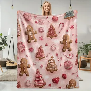 Soft Pink Gingerbread House Flannel Blanket - Christmas Winter Throw With Gingerbread Men, Candy Canes, Cookies - Cozy Flannel Bedspread For Couch, Sofa, Holiday Decor - All-Season Warmth & Softness