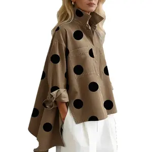 2026  Oversized Polka Dot Denim Shirt for Women Batwing Sleeve Button Down Blouse with Chest Pockets Casual Top # DenimShirt # PolkaDot # OversizedShirt # BatwingSleeve # ButtonDown # CasualTop # RetroFashion # Outfit of the Day # WomensFashion