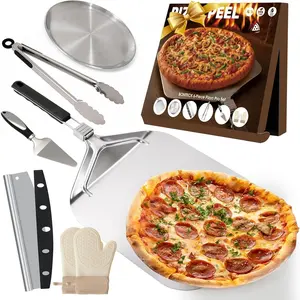 Pizza Peel  Metal Pizza Spatula Kit | 12x14 Inch Foldable Handle Paddle | 6 count Pizza Oven Accessories with Rocker , Pizza Pan, Pizza Server, Oven Mitts, for Family Oven Baking