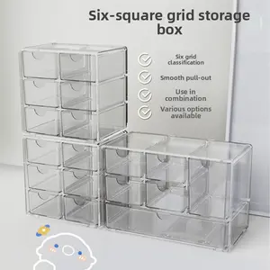 Desktop Six-Compartment Storage Box, Transparent Drawer Type Organizer, Stackable Student Dorm Desk, Stationery Card Sorting, Clear Storage Box