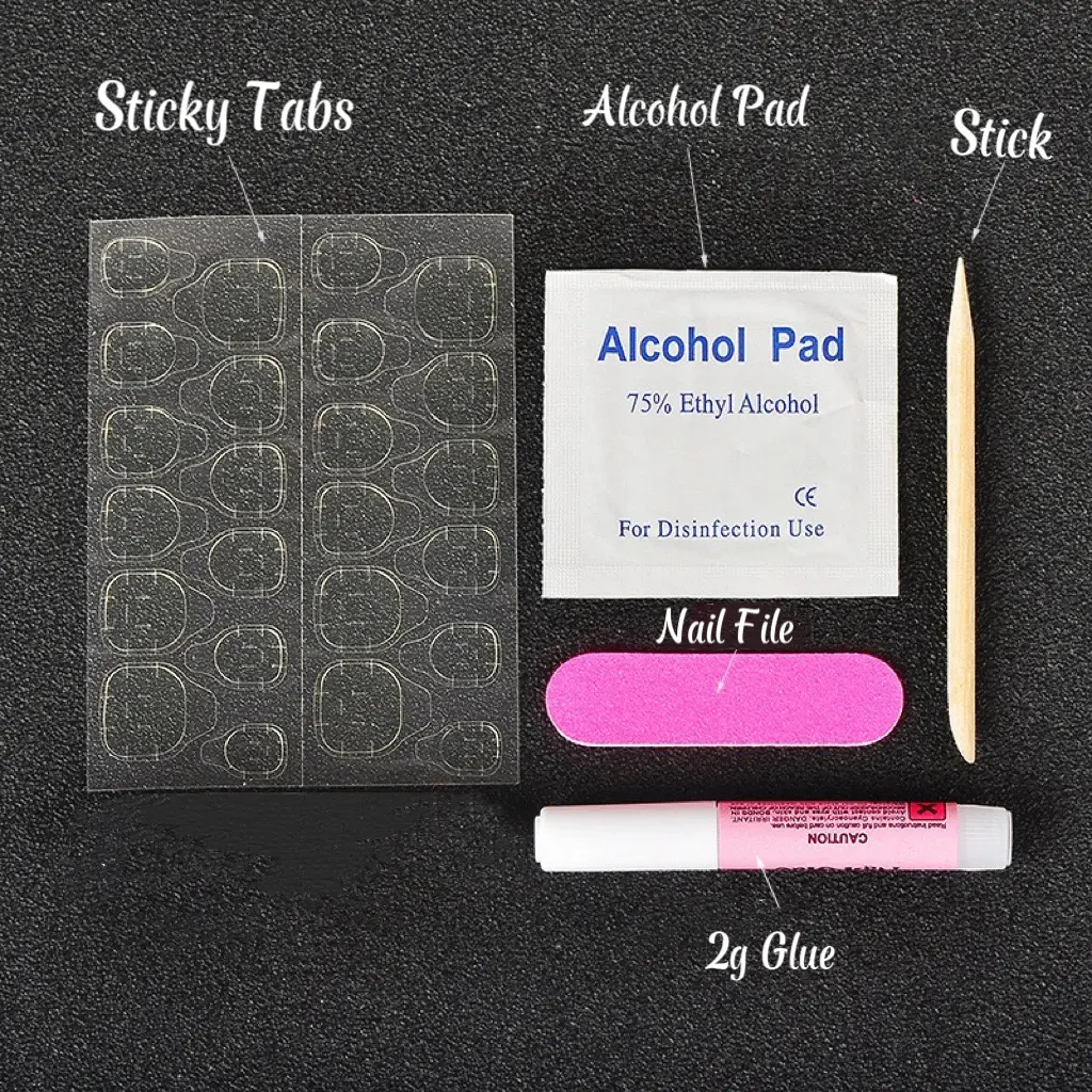 Press on Nail Tool Kit set of 10, with Sticky Tabs, Alcohol pad, File, Stick, and Glue