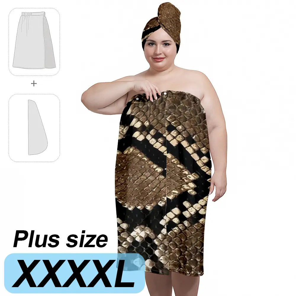 XXXXL plus size bath skirt set with python skin design print, suitable for women, after bath, spa and swimming pool, absorbent hair wrap. Home/travel essentials