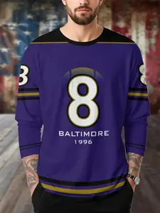 Men's Baltimore 1996 Football Style Long Sleeve T-Shirt, Vintage Fanwear with Number 8, Team Colors, Casual Wear for Sports Events, Athletic Sports Clothing