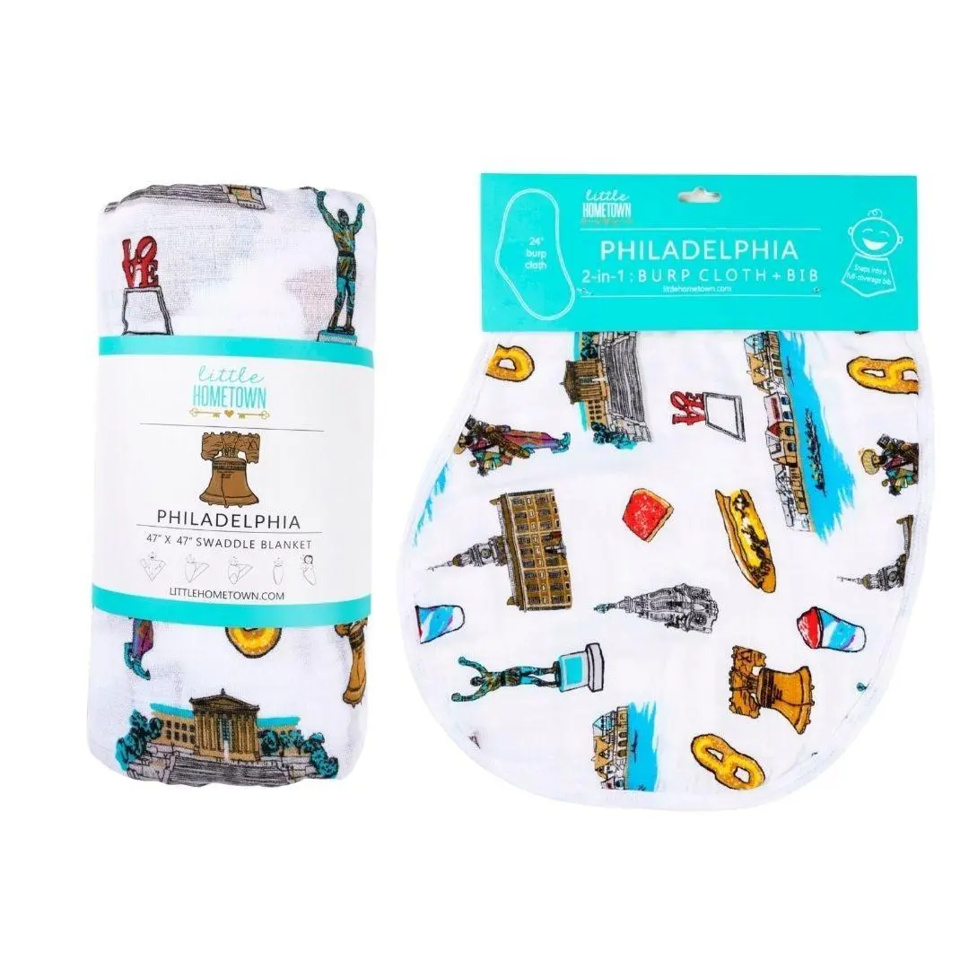 Philadelphia Unisex 2-in-1 Bamboo Blend Muslin Snap Bib & Burp Cloth Gift Set with 47"x47" Swaddle Blanket, Soft Breathable, Sensitive Skin Friendly, All Seasons, City Print, Newborn Baby Shower Gift, Hand-Illustrated