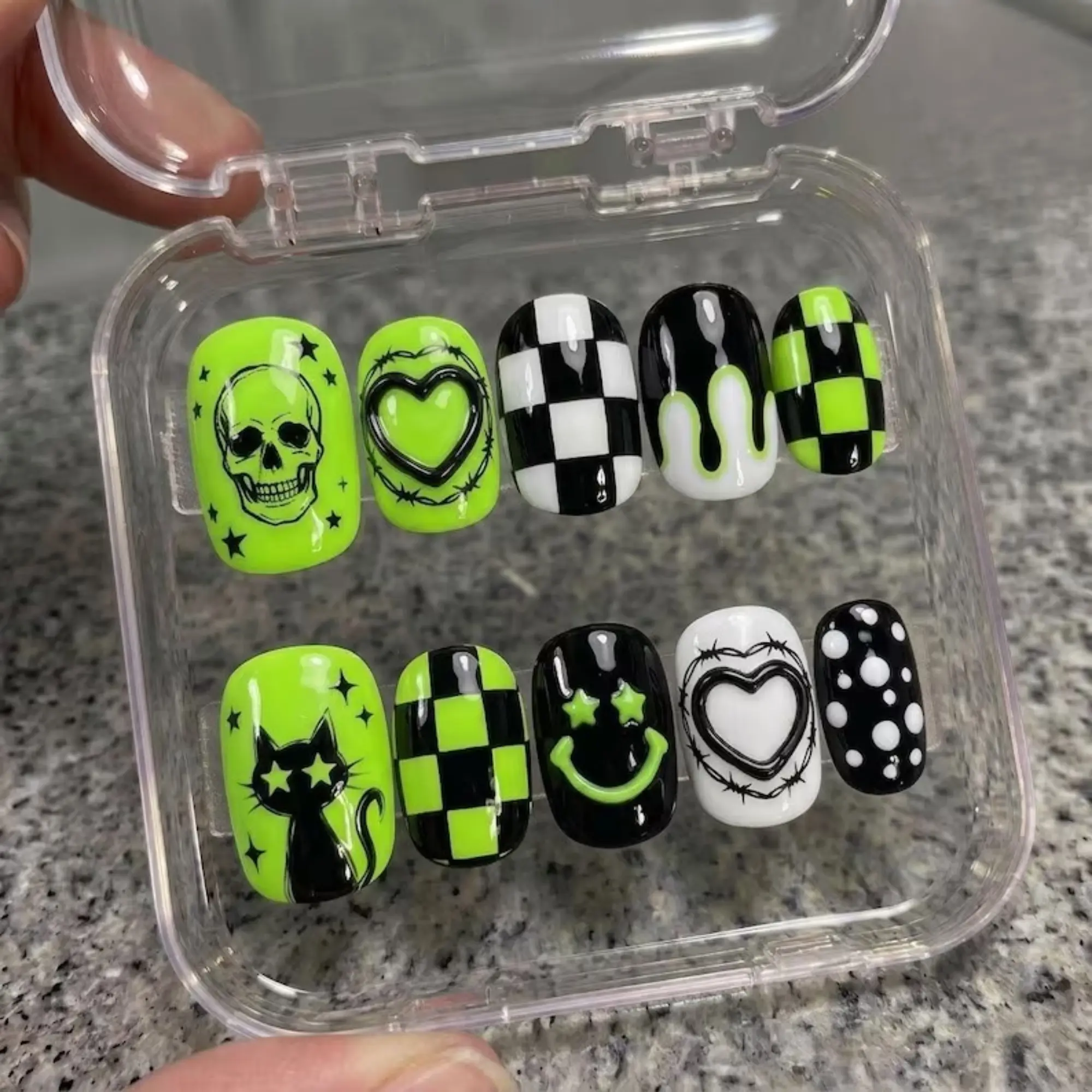 Handmade Neon Green Halloween Press On Nails, Y2K Gothic Skull Art Nails, Checkerboard Cat Glue On Hand Paint Fake Nail Set, Custom Nails For Her
