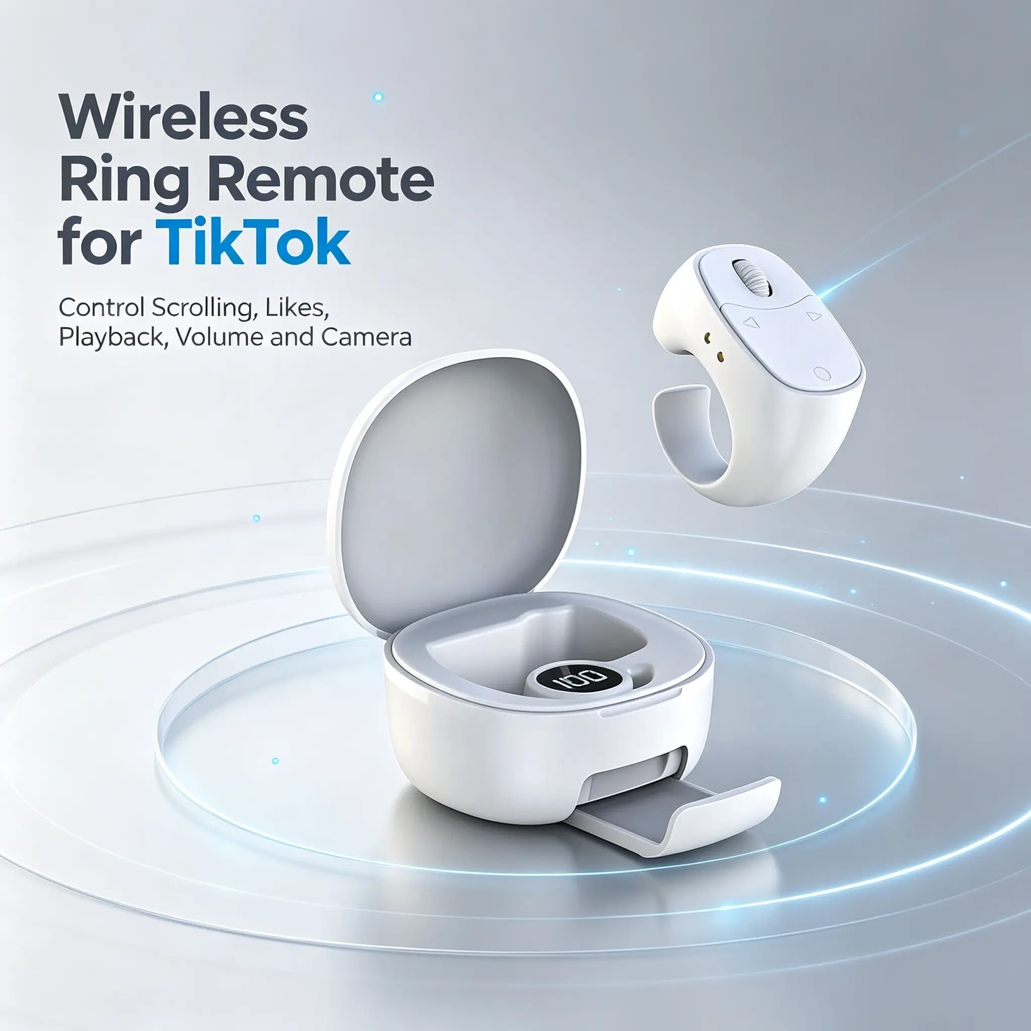 Wireless Bluetooth Ring Remote Control for Selfies & Videos, Wireless Clicker for TikTok Liking and Scrolling, Charging Case with Phone Stand, USB-C Rechargeable Gadget