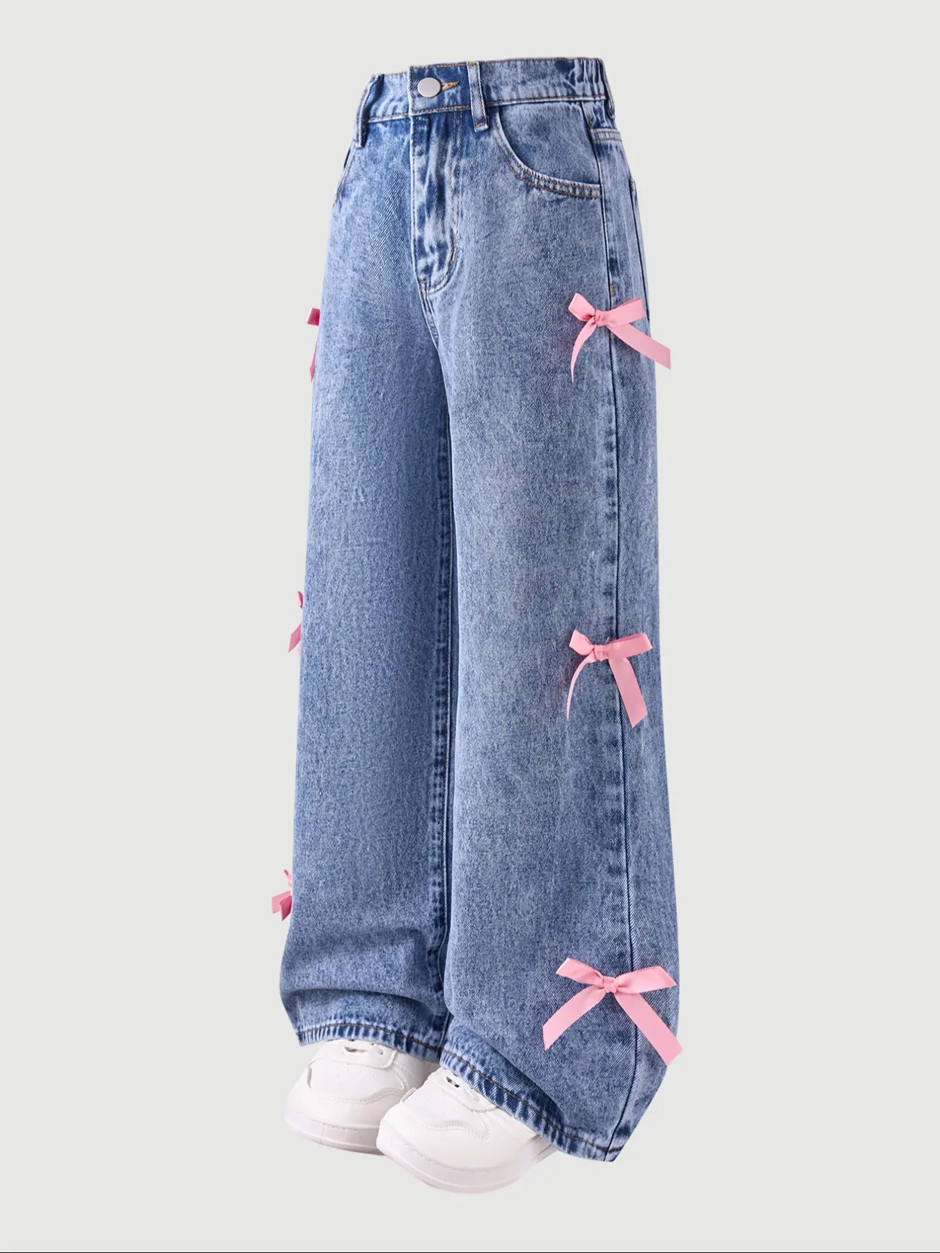 Teen Girls Spring Summer New Snowflake Wash Fashion Bow Decoration Wide Leg Light Wash Jeans, Cute Loose-Fitting Denim Jeans, All Seasons, Loose Jeans Trousers