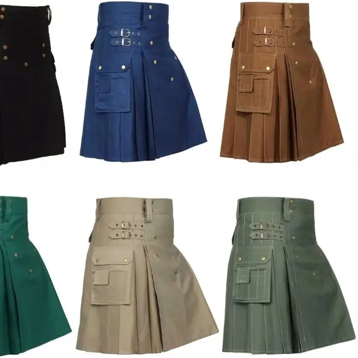 Men's Scottish Utility Kilt Cotton Cargo Pockets Skirt Highland kilt Traditional Menswear Short Casual Clothing Formal Black