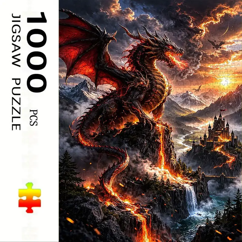 1000 Piece Dragon Jigsaw Puzzle Creative Puzzle Sitting on Volcano, Large Adult Family Interactive Toy, DIY Home Decor Brain Challenge, Holiday Scene, Perfect Gift