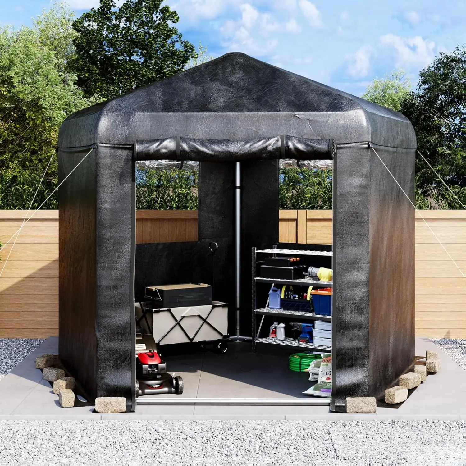 AMERLIFE 9.7x10.2x8.4 FT Black Pentagonal Storage Shed with Large PVC Windows, Heavy Duty Portable Shed with Mesh & PE Storage Pockets, Top Hooks, Patio, Lawn, Garden, Durable Garden Shed