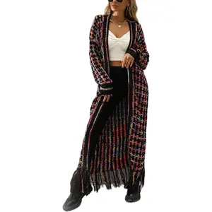 Womens Boho Cardigan Sweater Open Front Fringed Tassels Aztec Maxi Cardigan Jacket