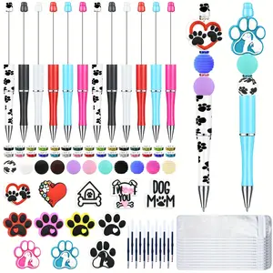 12 Set Beadable Pens Plastic Black Ink with 12 Refills Ballpoint Pen with Assorted Spacer Beads Silicone Beads for Office School(Dog) Mechanical Pencil Set