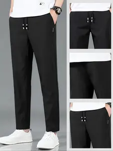Men's Luxurious Elastic Slim Fit Pants, Comfortable Thin Straight Casual Long Trousers, Regular-Leg, All Seasons, Plain Style