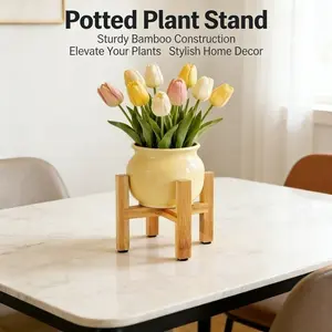 Bamboo Plant Stand, 4 Legged Mid Century Modern Planter Stand, Natural Bamboo Flower Pot Holder for Indoor Plants, Minimalist Plant Shelf for Home, Office, Living Room, Balcony, Patio Decor, Pot Not Included