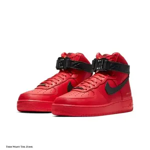 Unisex High Top Casual Sneakers All Red Leather with Black Buckle Lace-Up Shoes