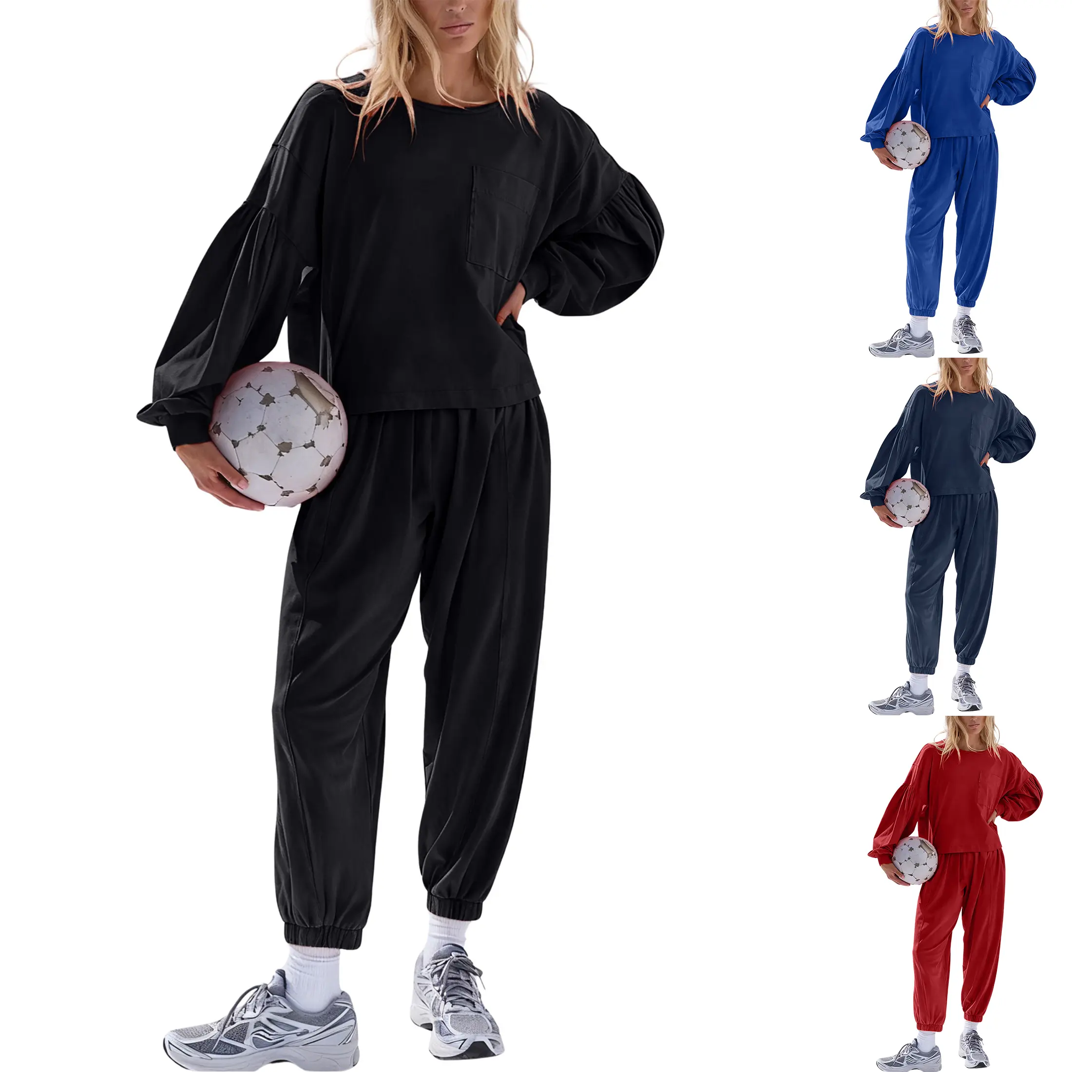 Woodberry Women's Sporty Style 2-Piece Cotton Matching Activewear Set - Long Sleeve Crop Top & Tapered Sweatpants with Pockets, Streetwear Tracksuit Set, Lounge Set, Crew Neck