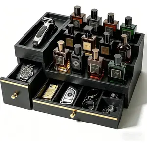 Real Pine Wood Cologne Organizer for Men, 2-Drawer Anti-Tip 3-Tier Perfume Stand for Large, Fully Assembled Dresser Valet Tray, Luxury Elegant Gift for Husband Dad, Boyfriend, Black & Gold
