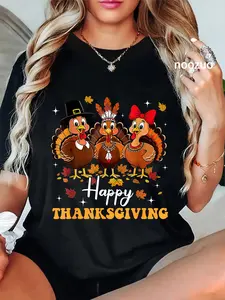 100% Cotton Happy Thanksgiving Funny Turkey Family Dinner Thanksgiving T-Shirt Casual Graphic Printed Tops