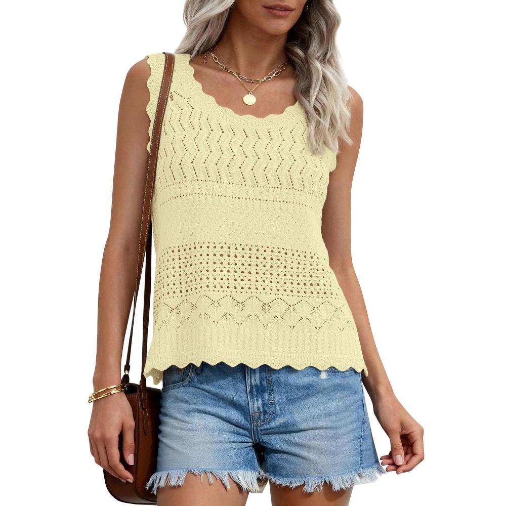 PrettyGarden  Crochet Tank Tops For Women Summer Spring Boho Sleeveless Cute Knit Sweater Vest Trendy Beach Vacation Clothes#Summervibes#SwimWeek#DealsForYouDays