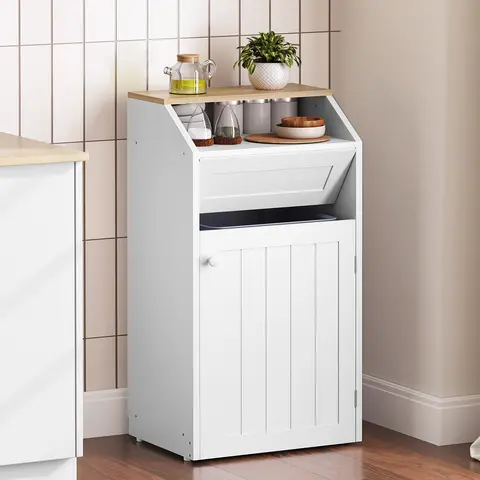 YATINEY Engineered Wood Freestanding Trash Can Enclosure - 10 Gal Kitchen Waste Bin Cabinet with Secure Latch Door, Hooks, 2-Tier Top, Hidden Storage for Kitchen, Balcony, Laundry Room (Household Waste Bin)