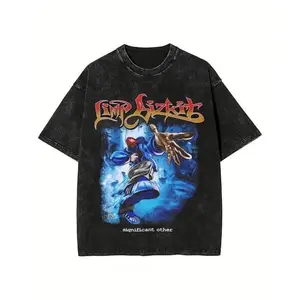 ToolHeaven Men's Retro Pattern T-Shirt - Soft Cotton Crew Neck T-Shirt, Limp Bizkit Design, Loose Fit Short Sleeve Shirt Casual Wear, Black, All-Season T-Shirt|Casual Style T-Shirt|plaid fabric-washed cotton men's T-shirt 230g billabong  shirt Men