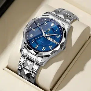 GOHUOS Men's Watch Waterproof Diamond Luxury Luminous Glow Double Calendar Quartz Movement 41mm Blue Gold Stainless Steel Fashion Business Watch with Box and Bag Gifts