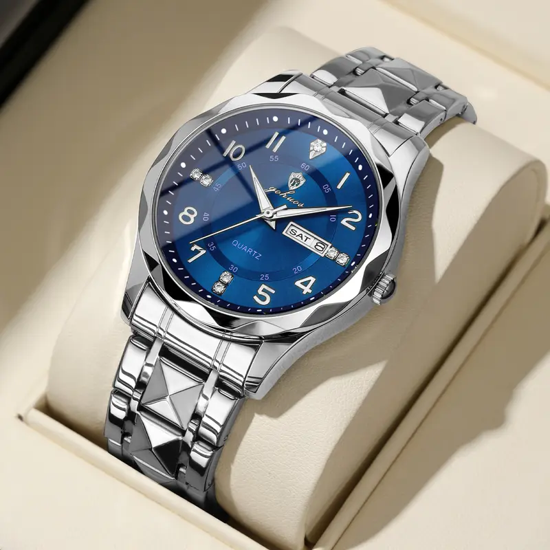 GOHUOS Men's Casual Fashion Watch - 41mm Analog Quartz, Full Metal Construction, Blue-Gold Stainless Steel Buckle Band, Hardlex Glass, Luminous Diamond Round Face, Double Calendar, 30M Waterproof, Batteries Included, Luxury Ideal Gift for Guys