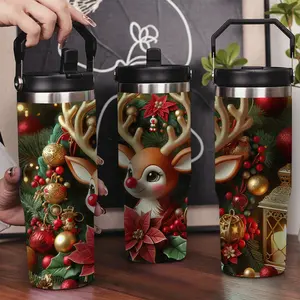 30oz Stainless Steel Insulated Tumbler with Leak-Proof Lid & Portable Handle - Elk surrounded by Christmas wreaths,Long-Lasting Hot/Cold Insulation,Perfect for Car,Office,Travel and Birthday Gifts, Travel Drinkware,Horse Drink Water Bottles