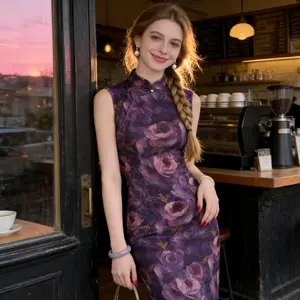Vintage Purple Rose Stretch Mesh Sleeveless Qipao, High Slit Elegant Modified Cheongsam Dress