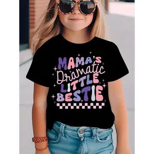 MAMA'S DRAMATIC LITTLE BESTIE Print Tee, Girls Comfy & Trendy T-shirt For Spring & Summer, Girls Clothes For Outdoors