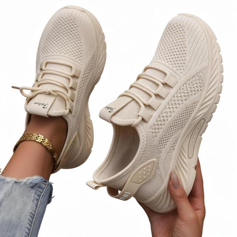 Women's Footwear - Lightweight Casual Sneakers with Breathable Mesh Lining, Comfortable Thick Sole Walking Shoes for All-Day Wear, Fun Casual Style for Fall & Winter, Black White Khaki Pink , Ideal Christmas & New Year Gift
