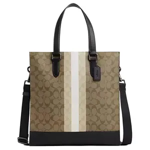 COACH Graham 36 Tote Bag with Stripe Design, Detachable Strap, Coated Canvas and Smooth Calfskin, Large Unisex Couple Style in Brown and Khaki
