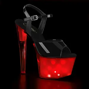 Heeled Platform Sandals for Women, Black Patent Ankle Strap with a 7-inch LED Illuminated Glow-in-the-Dark Platform, Shoe