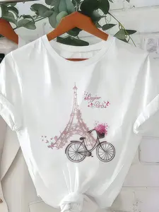 Eiffel Tower Graphic T-Shirt for Women, Soft Cotton Casual Short Sleeve Tee, Bonjour Paris Design for Home Comfort & Daily Wear