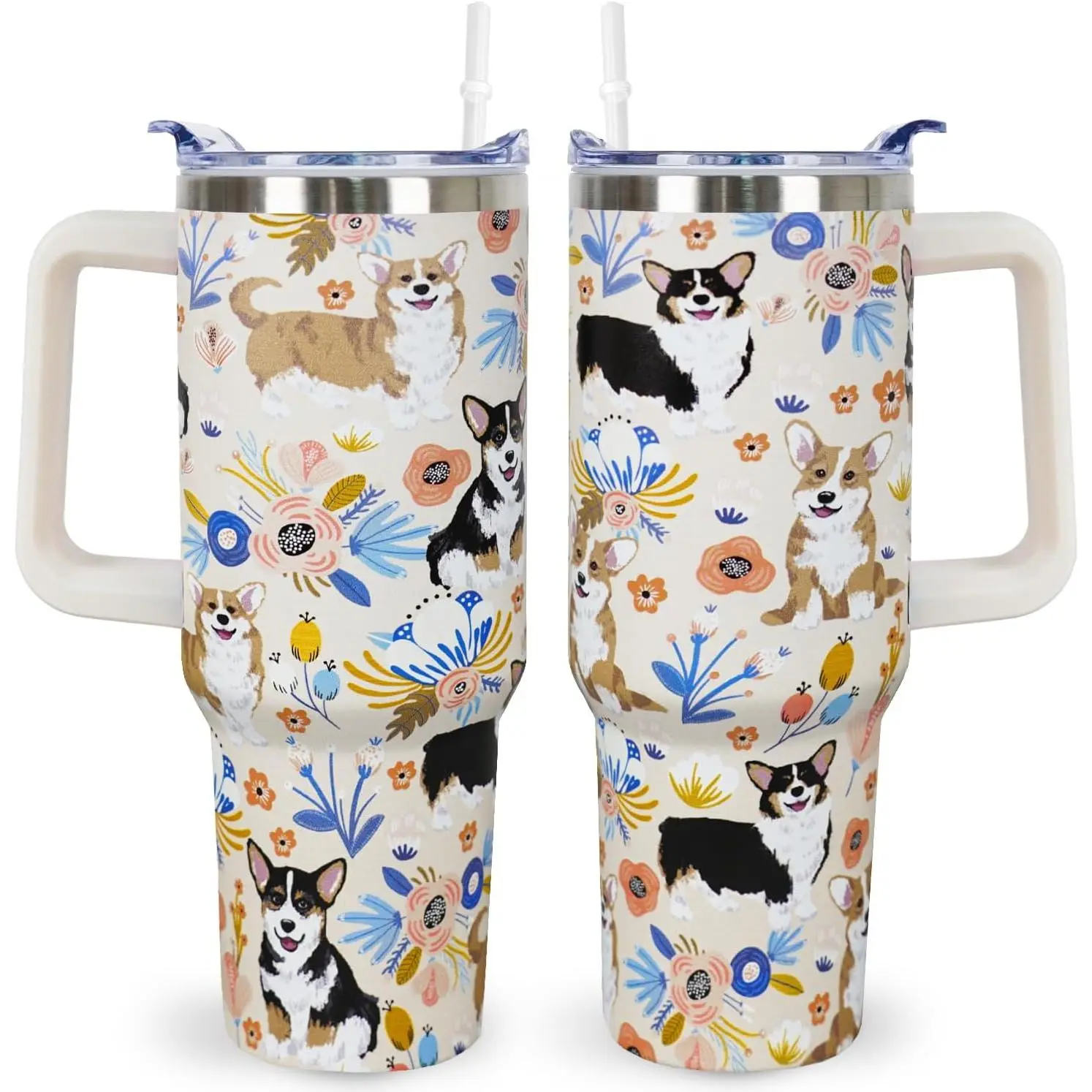 40oz Classic Stainless Steel Insulated Corgi Tumbler - Dual-Wall Vacuum Insulation, Abrasion-Resistant Graphics, Leak-Proof Slide-Lock Lid, Straw, Floral Design, Explosion-Proof Portable Kitchenware Flask for Women (Coffee/Cold Tea/Juices Compatible)