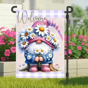 Spring Daisy Gnome Garden Flag - Double-Sided Weather-Resistant Linen/Burlap Decor for Pollinators & Outdoor Charm